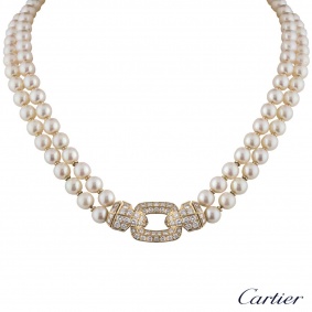 Cartier 18k Yellow Gold Pearl & Diamond Necklace 3.06ct G/VS